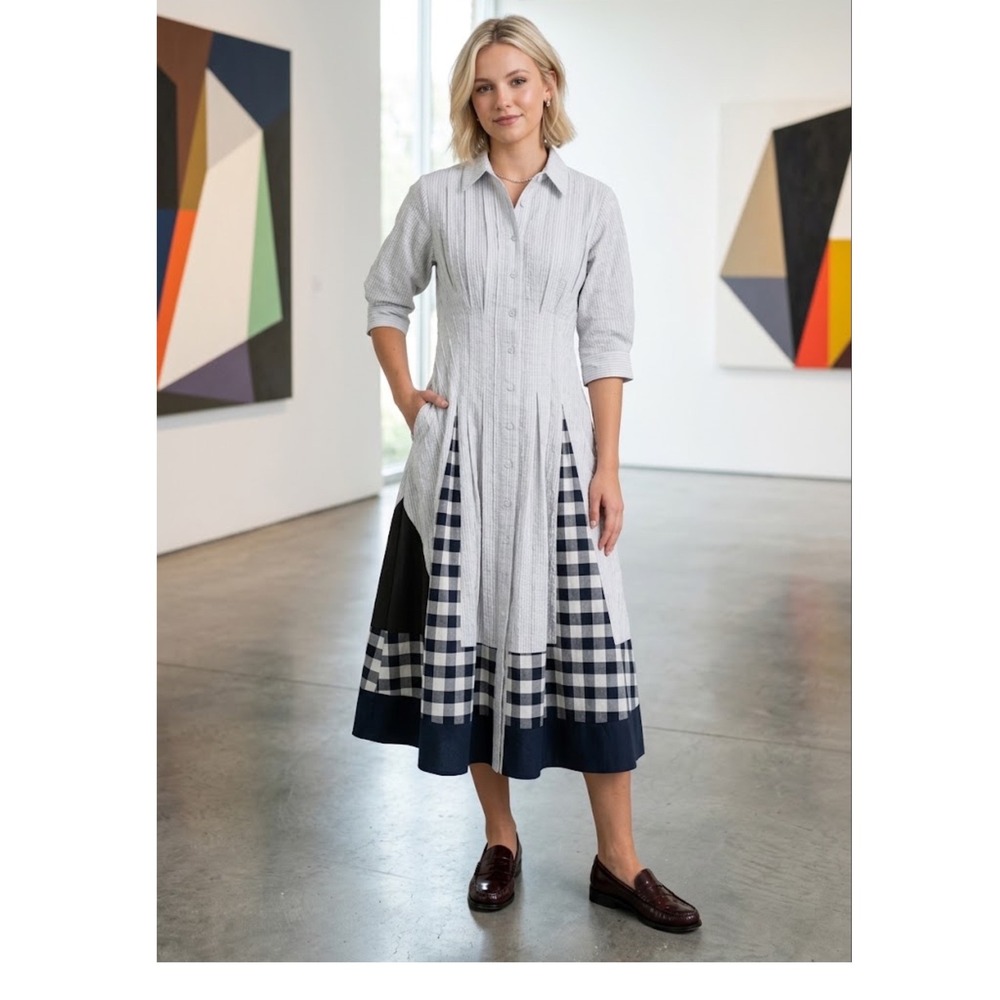 Simkhai Jazz Frayed Paneled Checked Cotton Voile Midi Shirt Dress Blue White